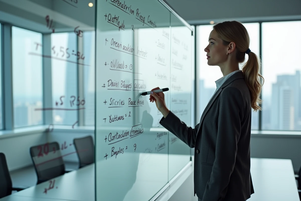 Économiste de la construction expliquant les étapes de calcul de révision de prix BT47 sur un tableau blanc en salle de réunion