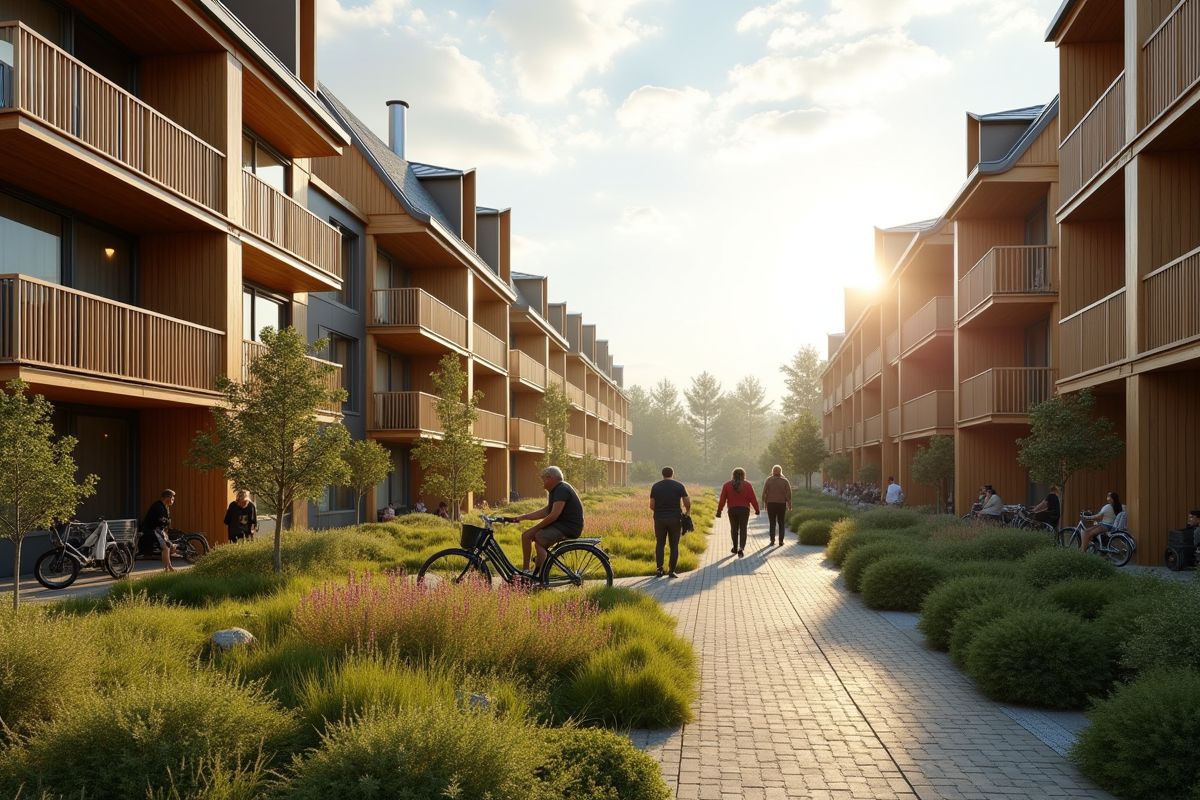 Quartier européen inspiré du design scandinave avec maisons en bois