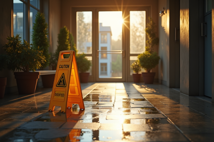 Entrée d un immeuble bien entretenu avec sol mouillé et panneau de danger
