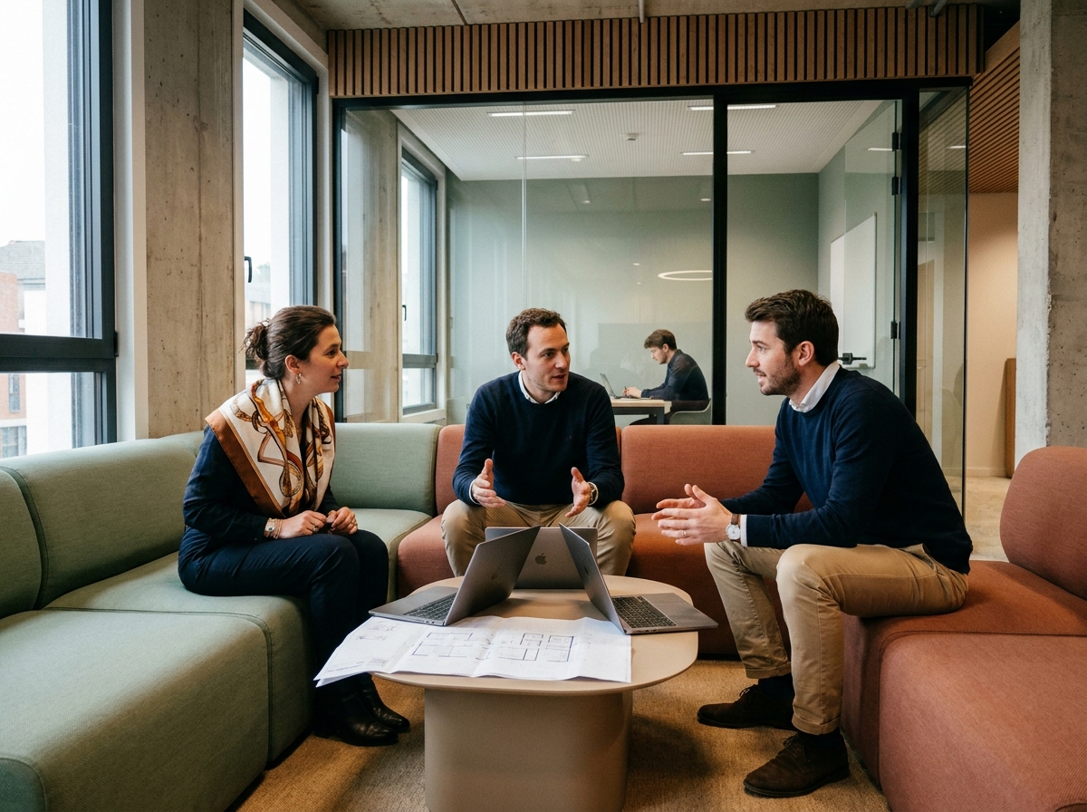 Équipe de professionnels en réunion informelle dans un bureau flexible et modulable à Lille