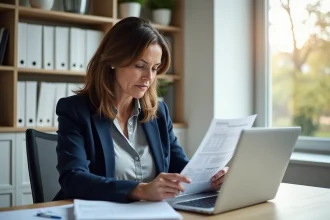 Femme consultant une estimation immobilière en ligne sur son ordinateur portable dans un bureau à domicile moderne