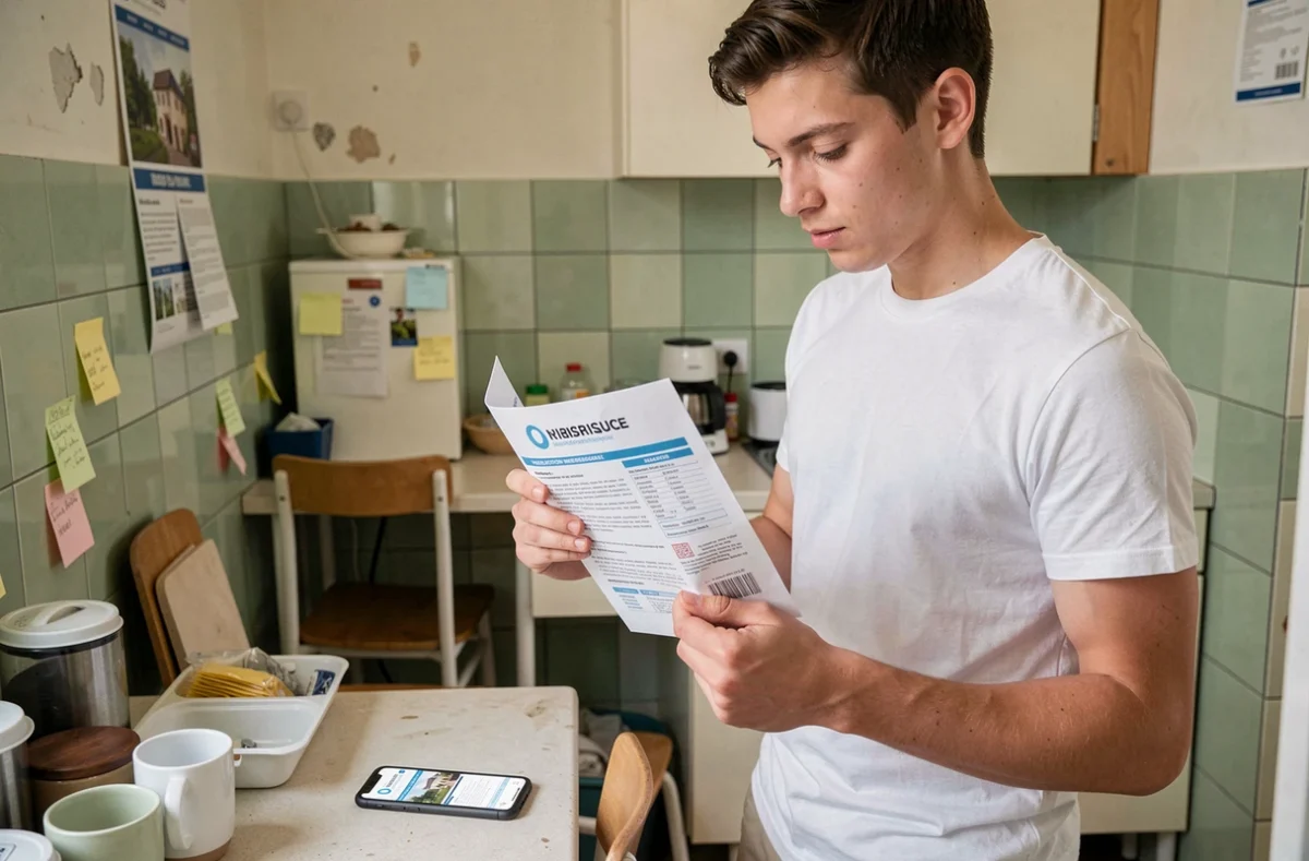 Étudiant consultant son attestation multirisque habitation dans une cuisine de colocation