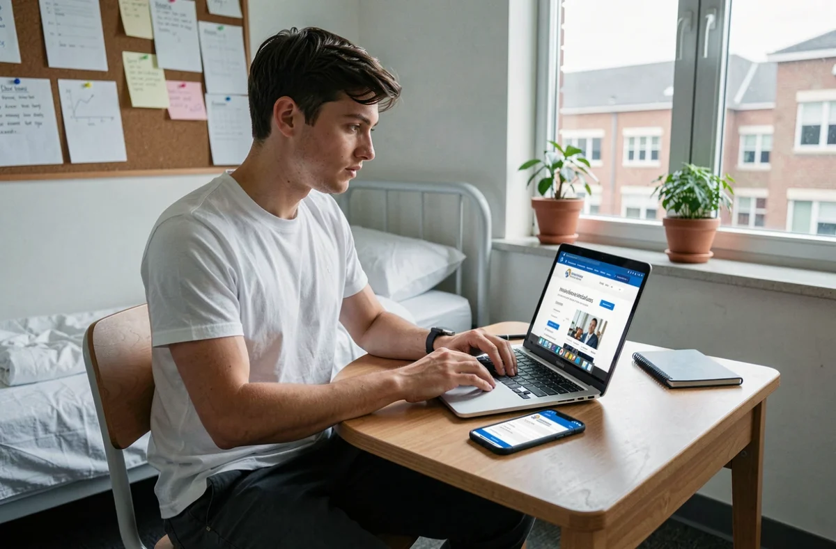 Étudiant souscrivant une assurance habitation en ligne depuis sa chambre universitaire