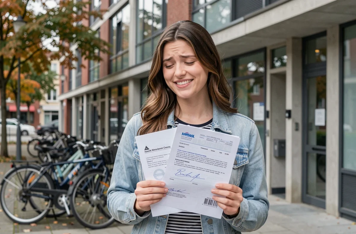 Jeune étudiante tenant son attestation d'assurance habitation devant sa résidence étudiante