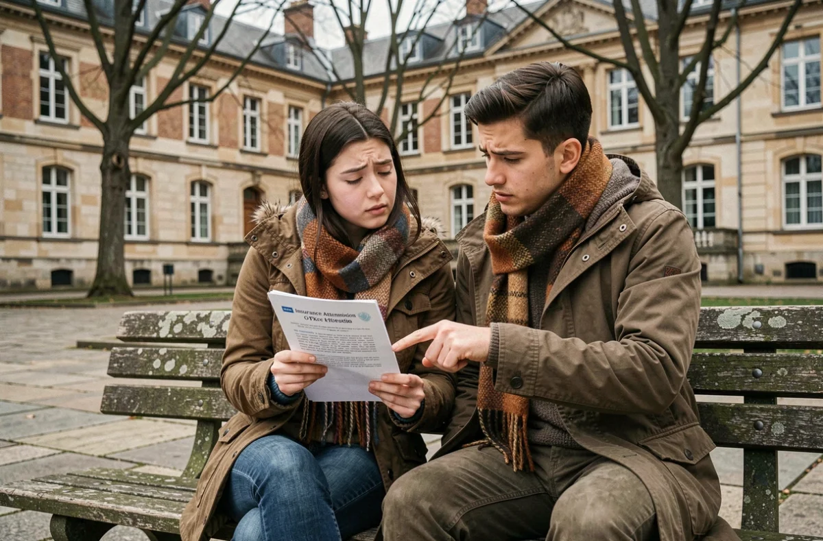 Deux étudiants en train d'examiner une attestation d'assurance multirisque habitation sur un campus universitaire