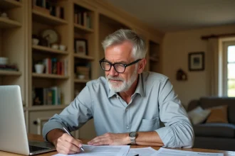 Homme consultant un rapport d'évaluation immobilière en ligne pour une succession, documents sur table en bois