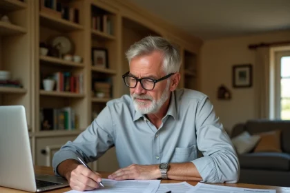 Homme consultant un rapport d'évaluation immobilière en ligne pour une succession, documents sur table en bois