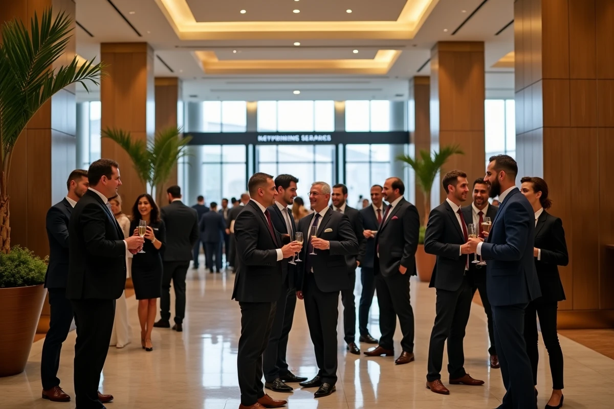Événement de networking professionnel dans le hall de l'Almas Tower à Jumeirah Lakes Towers avec des professionnels en tenue de soirée d'affaires