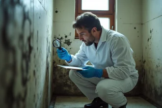 Expert en bâtiment inspectant des moisissures sur un mur humide lors d'une expertise litige dans une salle de bain
