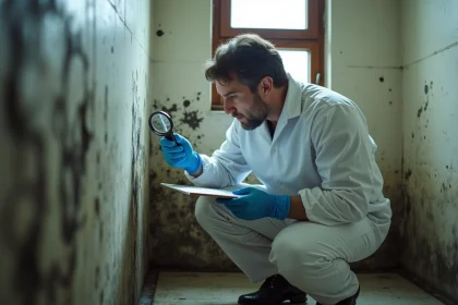 Expert en bâtiment inspectant des moisissures sur un mur humide lors d'une expertise litige dans une salle de bain