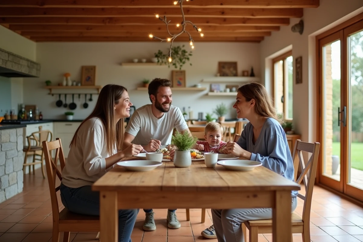 Famille réunie autour d'une grande table dans une maison familiale spacieuse et chaleureuse