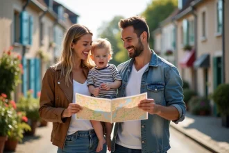 Famille heureuse dans un quartier résidentiel d'Île-de-France