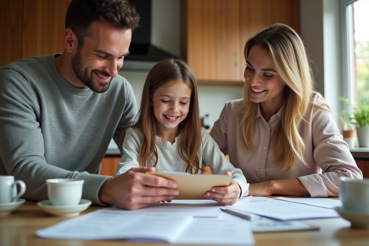 Famille vérifiant un dossier de garanties à la maison