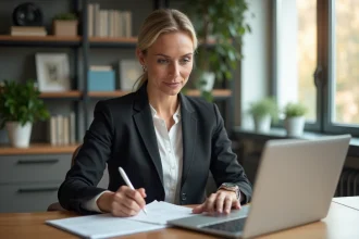 Femme d'affaires examine des données immobilières dans un bureau lumineux
