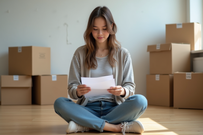 Jeune femme en déplacement dans un appartement vide
