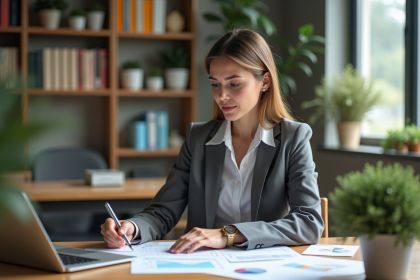 Femme en blazer examinant des rapports financiers dans un bureau moderne