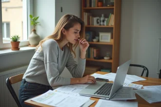 Jeune femme en CDD cherchant une maison à louer dans l'Eure avec des annonces immobilières étalées sur une table