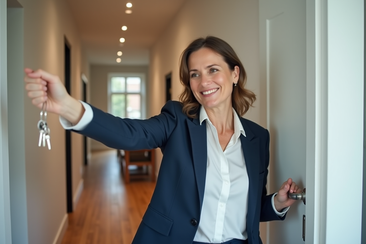 Femme souriante tenant des clés devant un appartement moderne