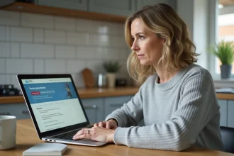 Femme consultant sa demande de logement social sur un ordinateur portable dans sa cuisine