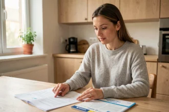 Femme consultant son contrat d'assurance habitation à la table de sa cuisine moderne