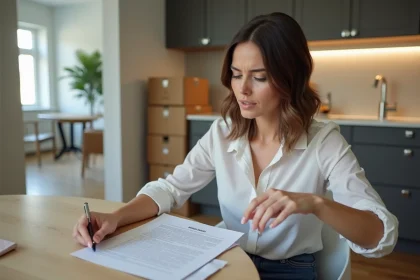 Femme examinant un contrat de location dans une cuisine lumineuse