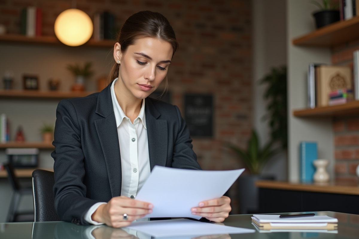 Femme en blazer examine un contrat de location dans un appartement moderne