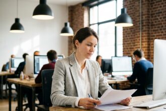 Femme professionnelle travaillant dans un espace de coworking moderne à Lille avec murs en briques apparentes