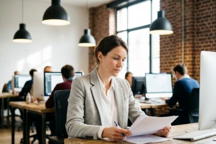 Femme professionnelle travaillant dans un espace de coworking moderne à Lille avec murs en briques apparentes