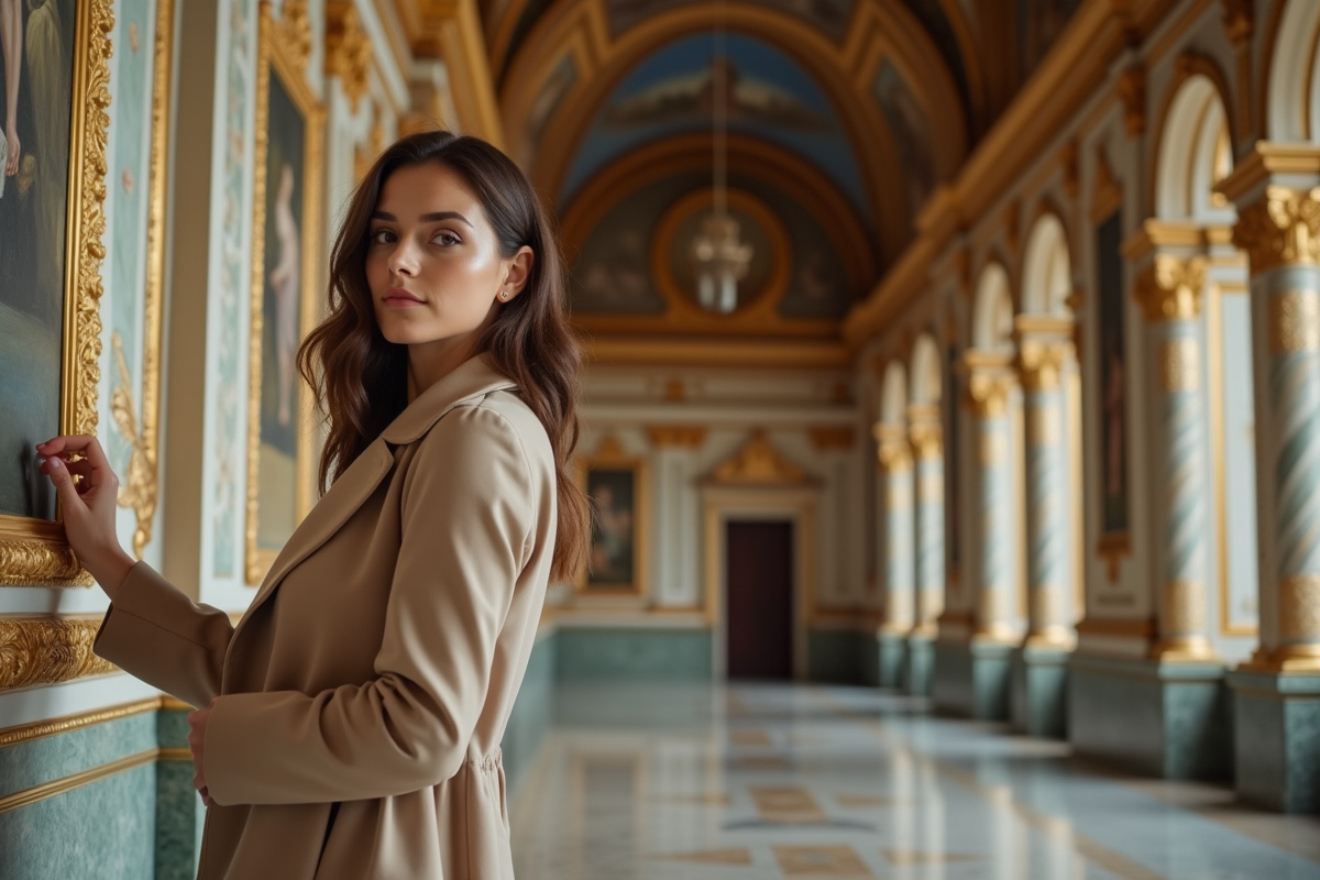 Jeune femme dans bâtiment ancien avec moulures dorées