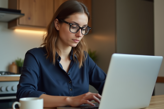 Femme utilisant un ordinateur portable pour rechercher un logement