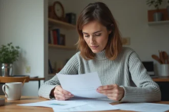 Femme lisant attentivement une annonce de logement social à table dans un appartement modeste