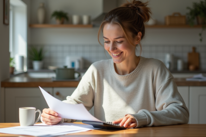 Femme en cuisine lisant des documents de prêt immobilier