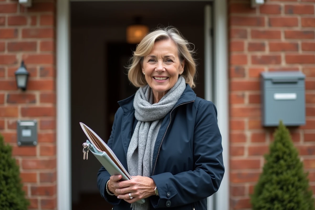 Femme fiere devant sa nouvelle maison avec clés en main