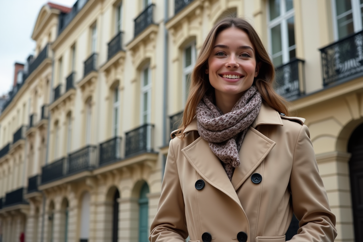 Jeune femme souriante devant des maisons rénovées en ville