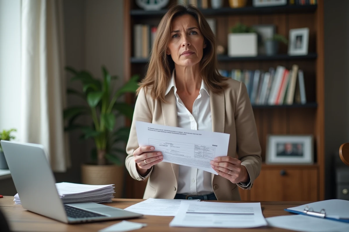 Femme d’âge moyen vérifiant ses factures et quittances de loyer dans un bureau à domicile