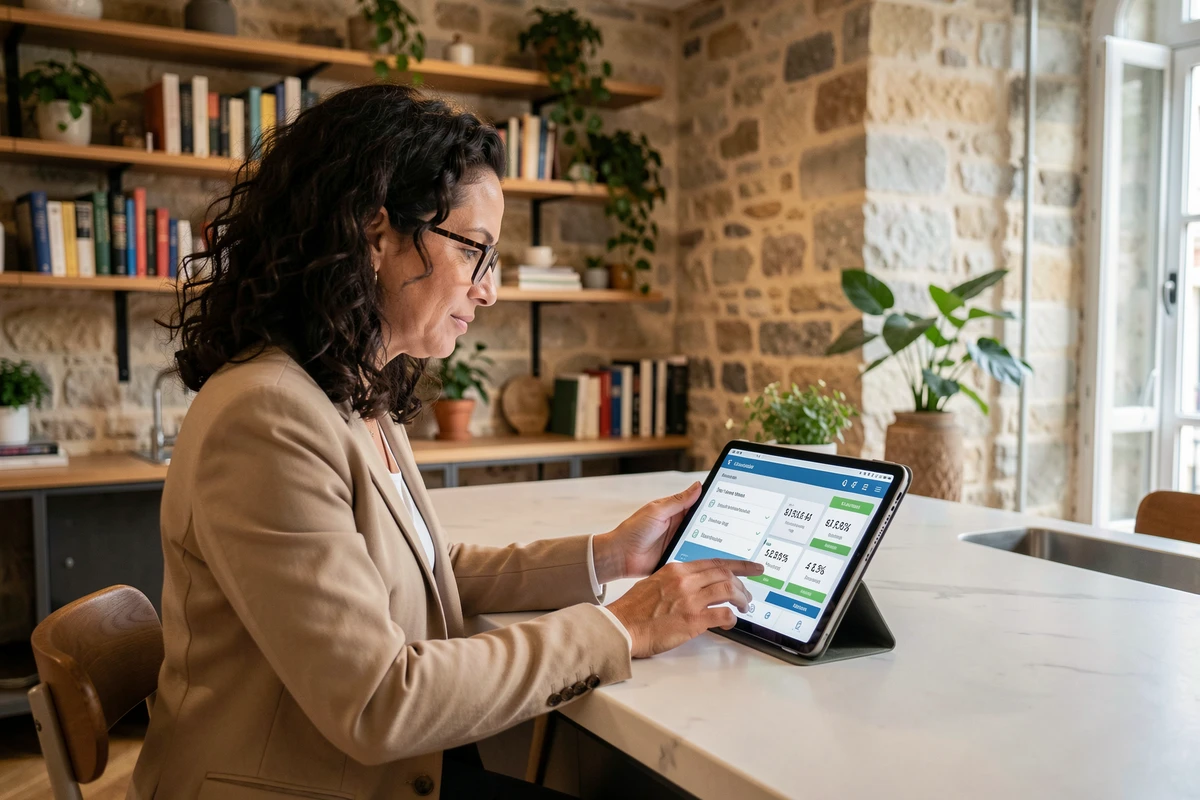 Femme consultant une plateforme d'investissement immobilier en ligne sur tablette dans un appartement parisien moderne