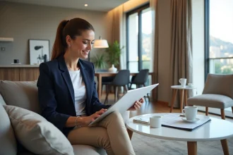 Jeune femme en blazer navy dans un appartement de Monte Carlo