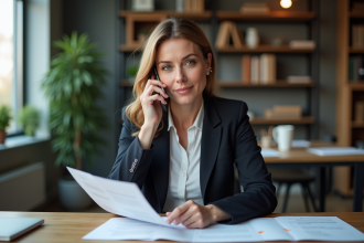Femme d age moyen parlant au téléphone dans un bureau