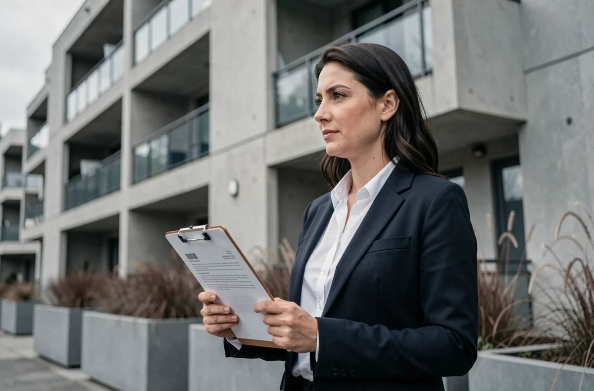 Femme propriétaire devant un immeuble en indivision tenant des documents pour forcer le rachat de parts