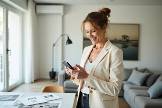 Femme dans la quarantaine consultant une application mobile de décoration intérieure dans un appartement moderne