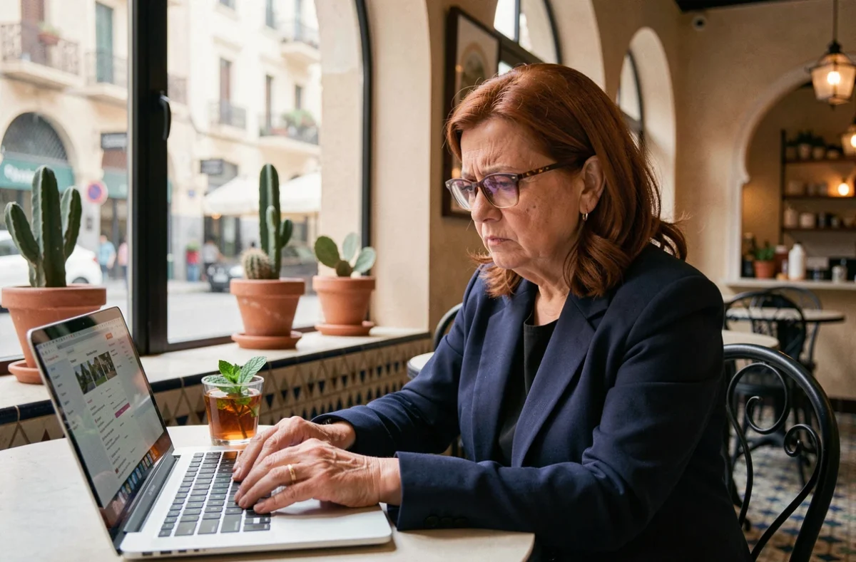 Femme étrangère analysant des annonces immobilières sur ordinateur dans un café de Gueliz à Marrakech