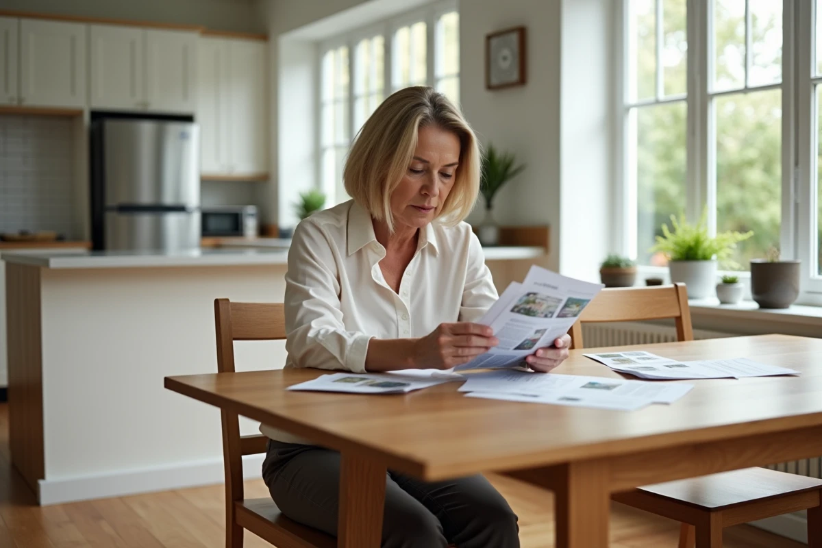 Femme dans sa cinquantaine consulte des annonces immobilières