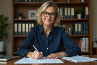 Femme rédigeant une lettre de garant manuscrite à un bureau en bois dans un bureau à domicile