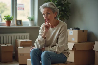 Femme réfléchissant dans un salon avec cartons et signe de vente