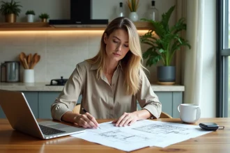 Femme étudie plans de rénovation dans une cuisine moderne