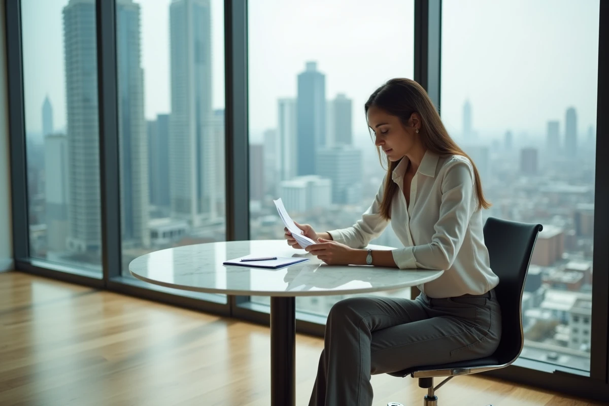 Femme professionnelle examinant des documents dans un appartement moderne