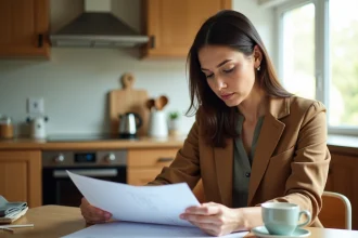 Femme en cuisine moderne examinant des documents