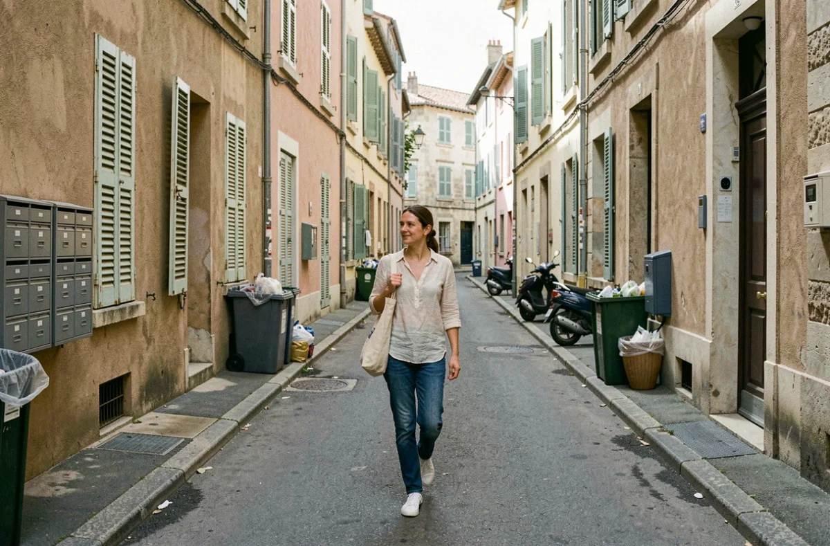Femme seule marchant dans une rue résidentielle dense de Fréjus illustrant les quartiers à connaître avant de s'installer