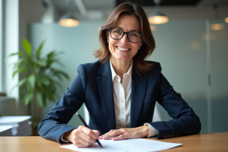 Femme d'affaires signant un document d'assurance dans un bureau moderne