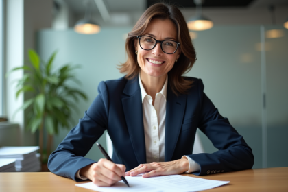 Femme d'affaires signant un document d'assurance dans un bureau moderne